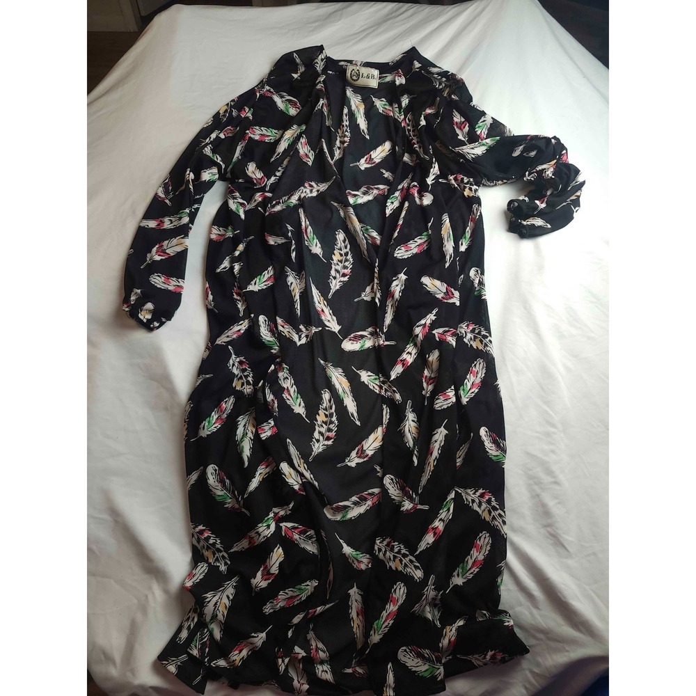 L&B Beach‎ Cover Up Womens Size XL Black Feather Print Sheer Duster Open Front